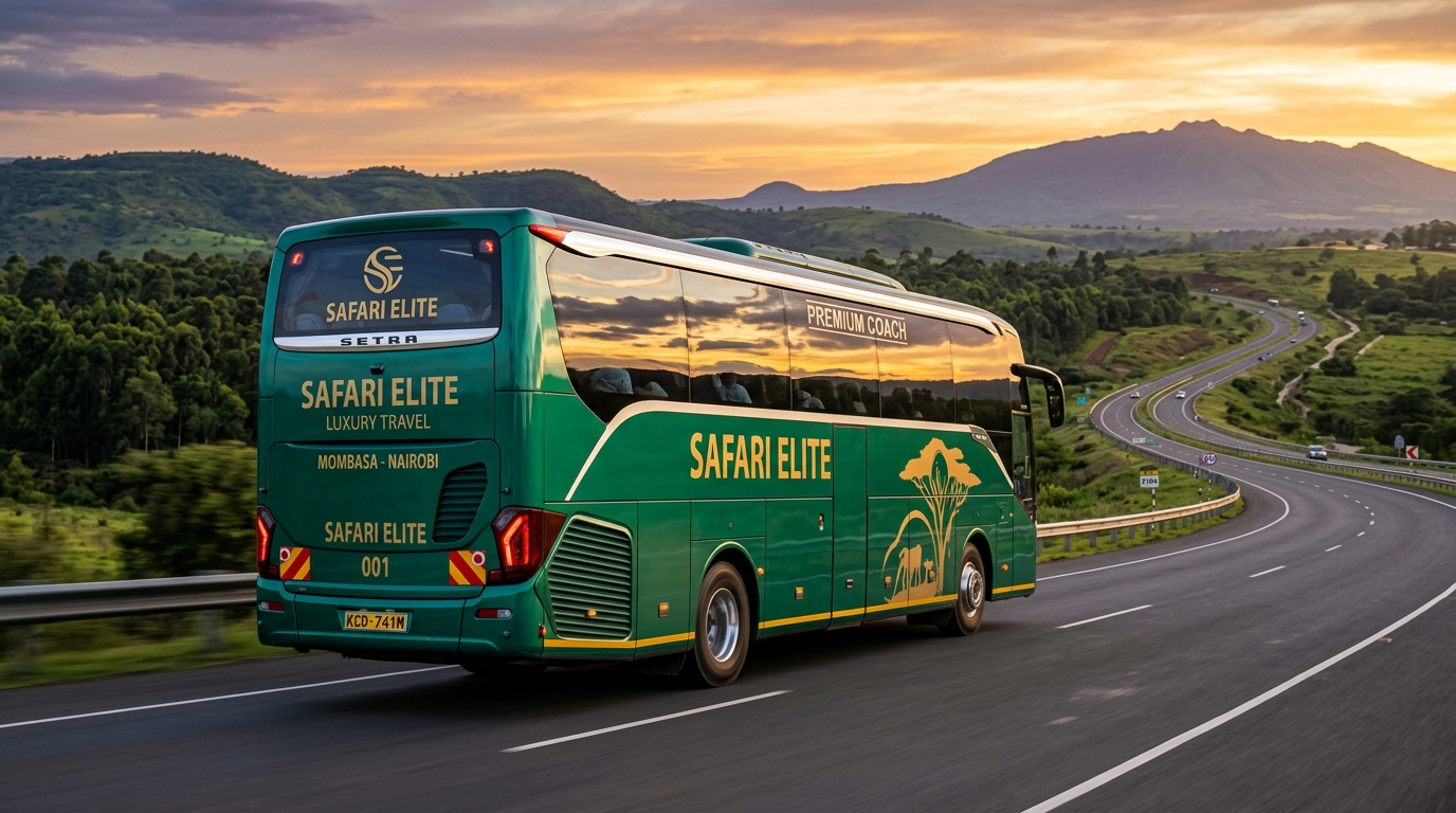 Tahmeed Coach luxury emerald green coach bus cruising Kenyan highway at sunset